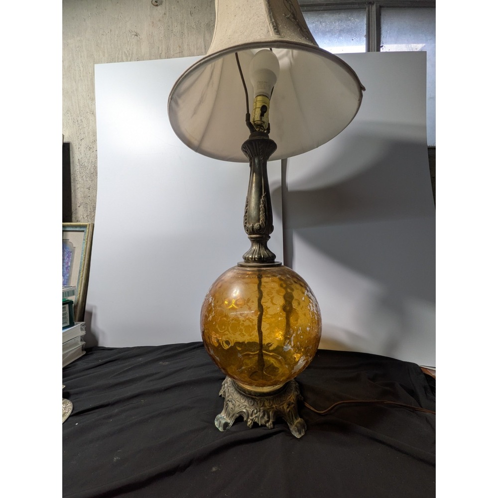 Vintage Mid Century Amber Crackle Glass Globe Table Lamp Brass Base Retro...